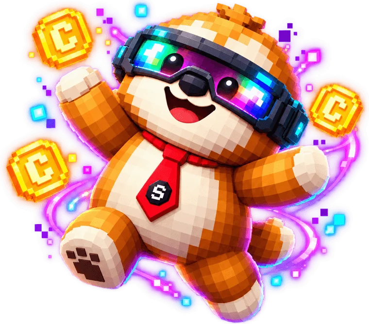 Chillo the sloth jumping for joy among gold credit coins