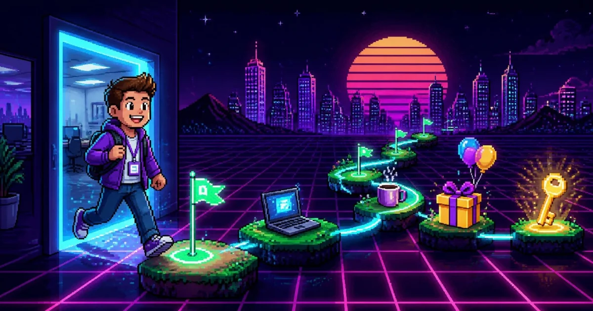 7 ways to use arcade games in employee onboarding A smiling new employee with an ID badge stepping through a glowing office door onto a path of checkpoint flags that passes a laptop, coffee, a welcome gift and a golden key
