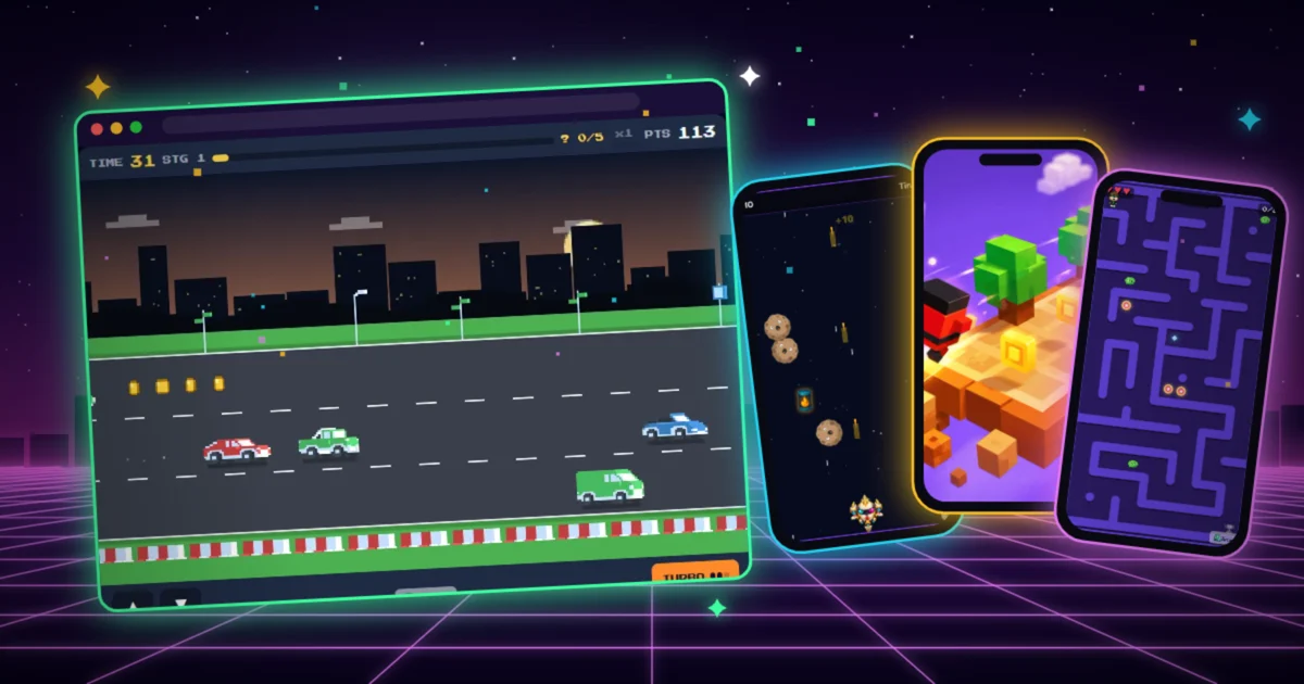 Checkpoint Rush gameplay in a browser window — a pixel highway with traffic — beside phones showing Space Shooter, Jumpy Dash and Mini Maze