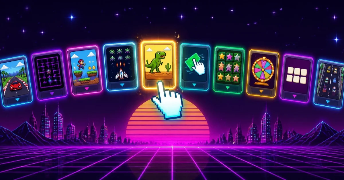 Which game template should you use? A guide to all ten Ten glowing game cards fanned in an arc — racer, maze, platformer, space shooter, dinosaur runner, swipe cards, star match, prize wheel, word grid and highway — with a pixel cursor picking one