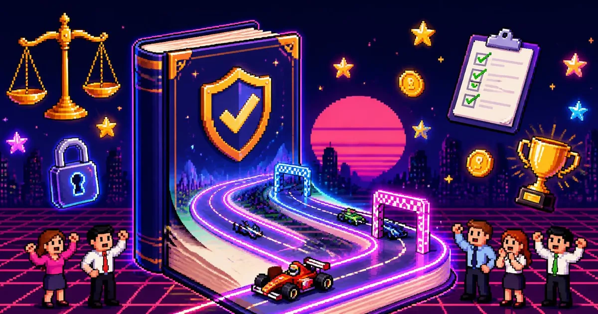 A giant rulebook with a tick-mark shield on its cover opening into a neon race track with cars passing checkpoint gates, surrounded by balance scales, a padlock, a ticked checklist, a trophy and cheering pixel-art office workers