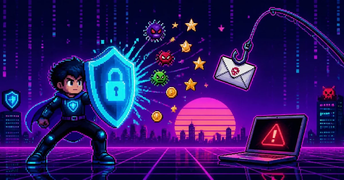 A pixel-art hero raising a glowing padlock shield to block a phishing hook, an email lure and malware bugs, next to a laptop showing a warning sign