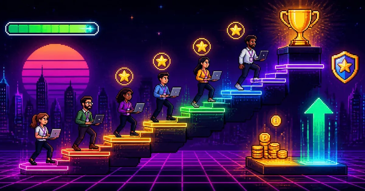 Pixel-art employees with laptops climbing a neon staircase of glowing steps toward a gold trophy, past star badges, an XP bar, a shield, a coin stack and a level-up arrow under a synthwave sunset