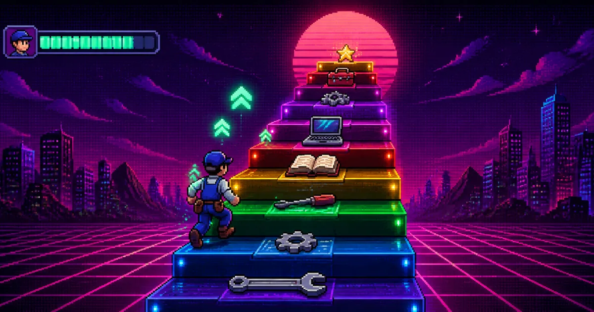 Gamification in workforce development: how to build skills that stick A pixel-art worker climbing a rainbow staircase of skill levels toward a star, each step holding a tool, book or laptop, with an XP bar and level-up arrows under a synthwave sun