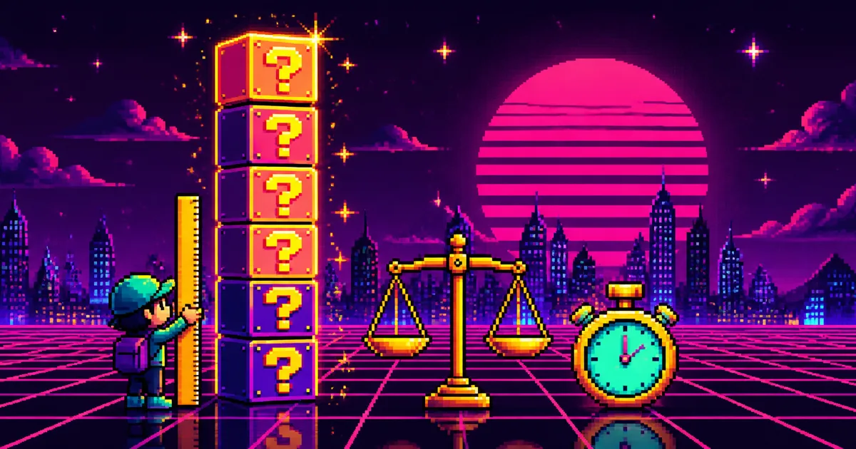 How many questions should a training quiz have? A pixel-art character measuring a tall stack of question blocks with a ruler, next to a balance scale and a stopwatch under a synthwave sunset
