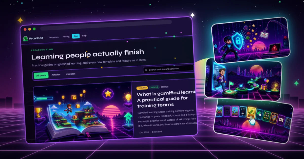 Introducing the Arcadedo blog The Arcadedo blog page in a browser window, with three article covers fanned out beside it