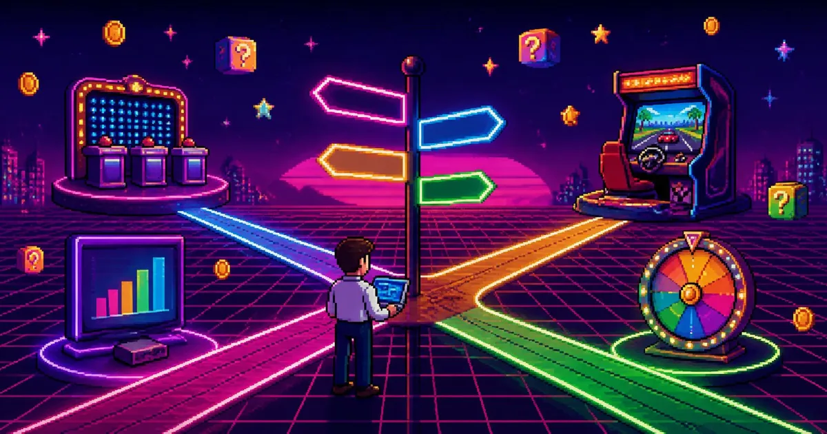 Kahoot alternatives for corporate training: six options by use case A pixel-art office worker with a laptop at a neon crossroads signpost, with paths leading to a quiz show podium, a bar chart screen, a racing arcade cabinet and a prize wheel under a synthwave sunset