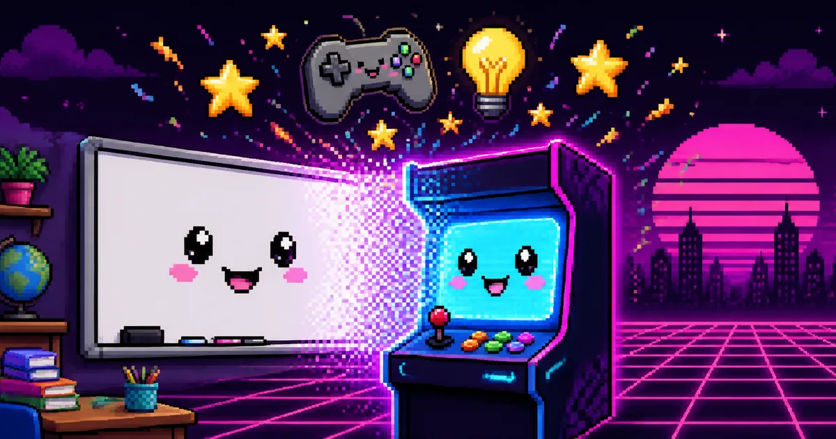How to make training fun without losing the learning A smiling classroom whiteboard dissolving into a glowing arcade cabinet, with stars, a game controller and a lightbulb bursting above, under a pixel-art synthwave sunset