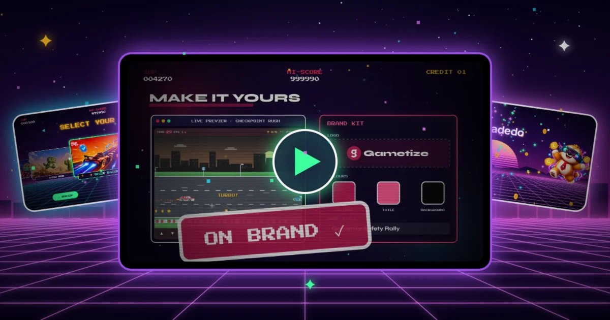 Meet Arcadedo in 30 seconds A frame from the Arcadedo tour video in an arcade TV frame with a play button, showing the Make it yours brand kit, between frames of the template picker and the end card