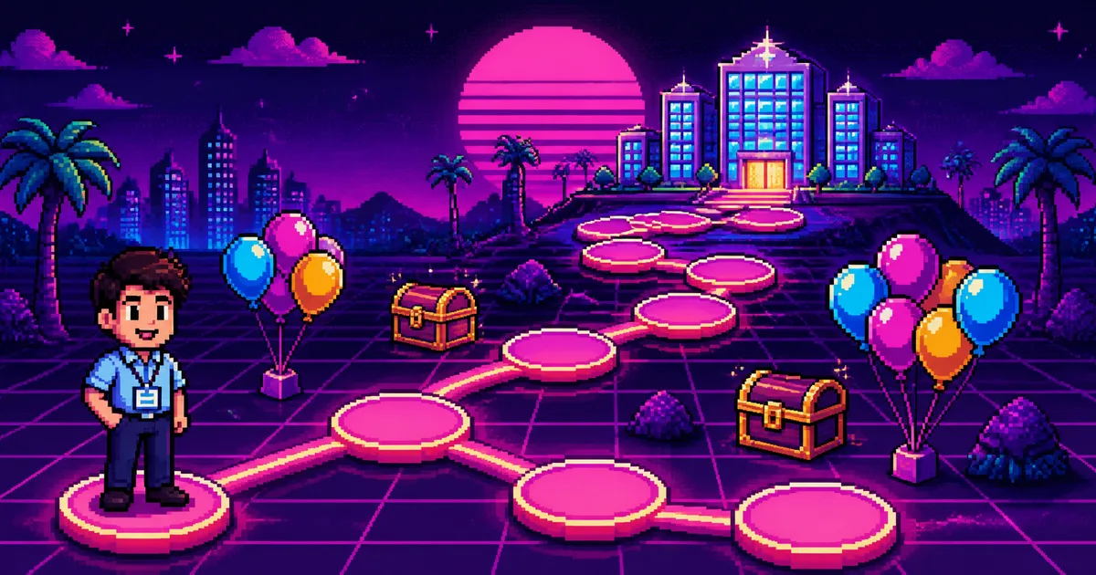 Onboarding gamification examples: 8 games for a new hire's first 30 days A new hire with an ID badge at the start of a glowing game-map path of checkpoints winding past balloons and treasure chests to an office-building castle, in retro pixel art