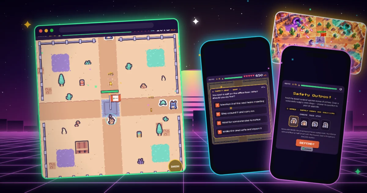 Outpost Defense gameplay in a browser window — a pixel desert arena with the outpost flag at its centre — beside phones showing a supply-drop question and the hero picker, with the template artwork above