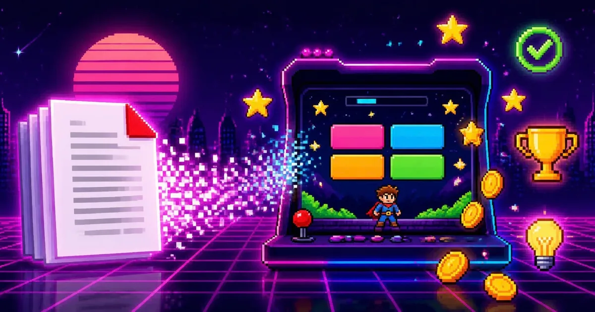 How to turn a PDF policy into a quiz game A stack of policy documents dissolving into pixels that stream into a retro arcade cabinet showing a four-answer quiz, with stars, coins, a trophy, a tick badge and a lightbulb under a synthwave sunset