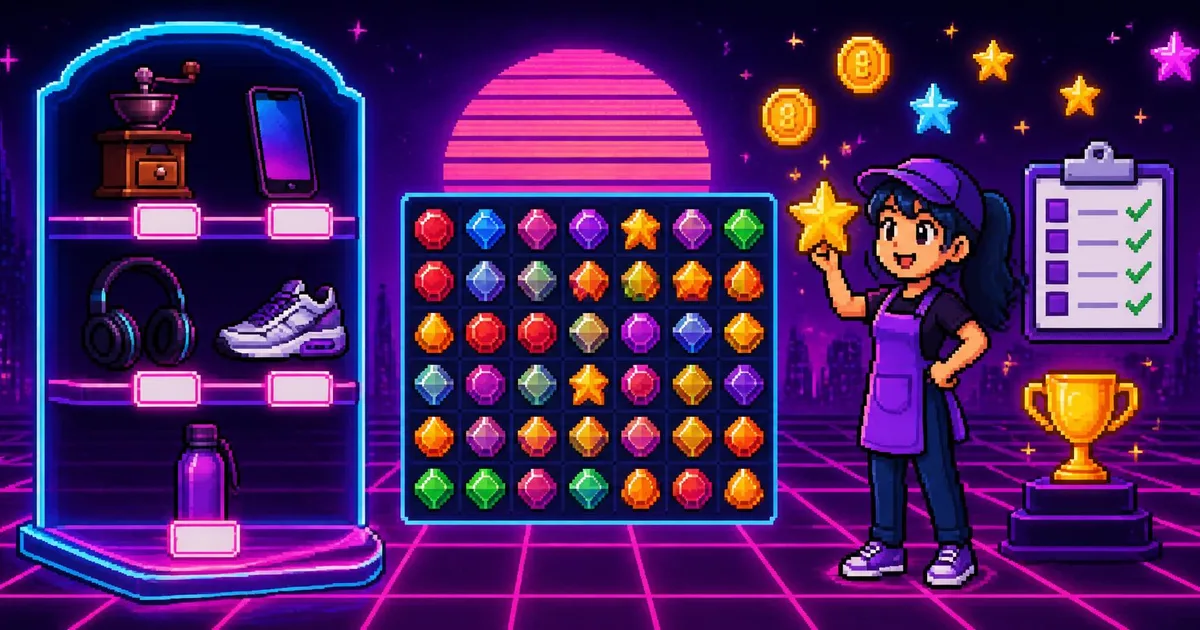 A pixel-art shop assistant holding up a gold star beside a match-3 board of gems and a neon shelf of products: a coffee grinder, a phone, headphones, a trainer and a bottle, with a ticked checklist and a trophy