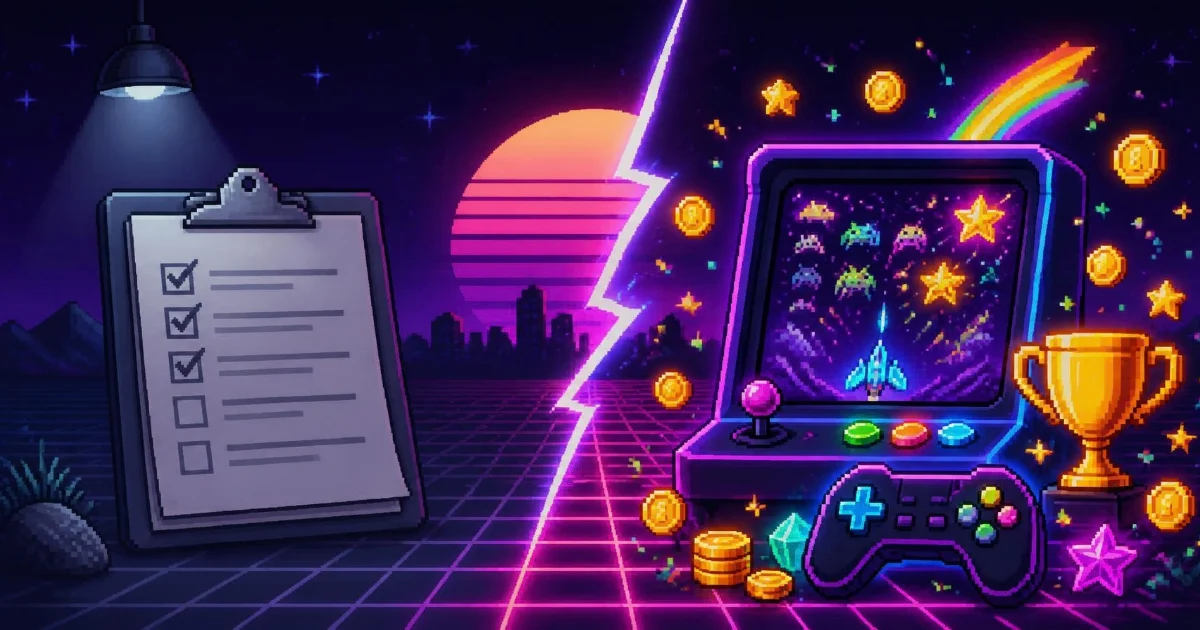 A plain paper checklist under a dim lamp on one side and a bright neon arcade game with coins, a controller and a trophy on the other, split by a lightning bolt