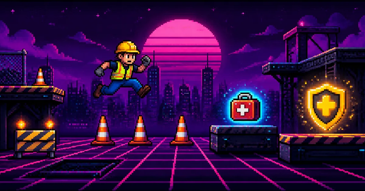 Safety training games: how to build one your team will replay A pixel-art worker in a hard hat and hi-vis vest leaping over traffic cones like a platformer, with a first-aid kit power-up and a safety shield badge