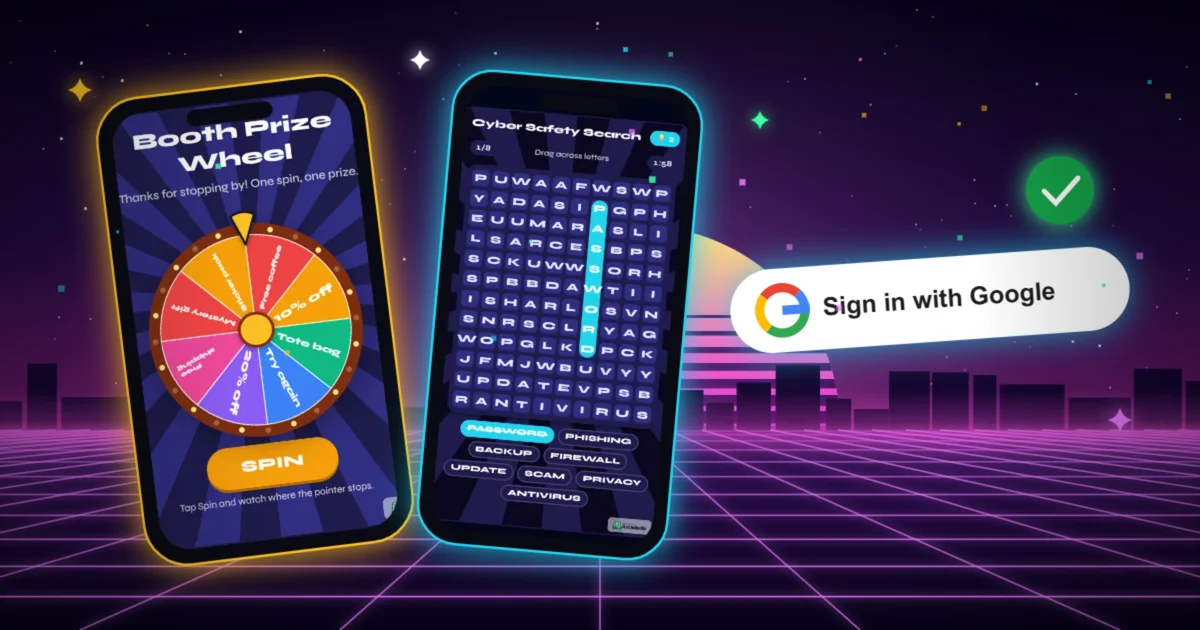 Phones showing a Spin the Wheel prize wheel and a Word Search board, next to a Sign in with Google button