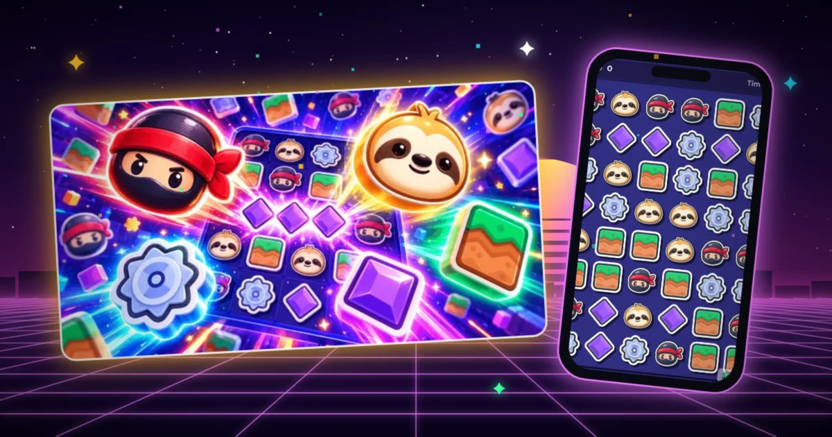 The Star Match template artwork beside a phone showing a Star Match board of matching tiles