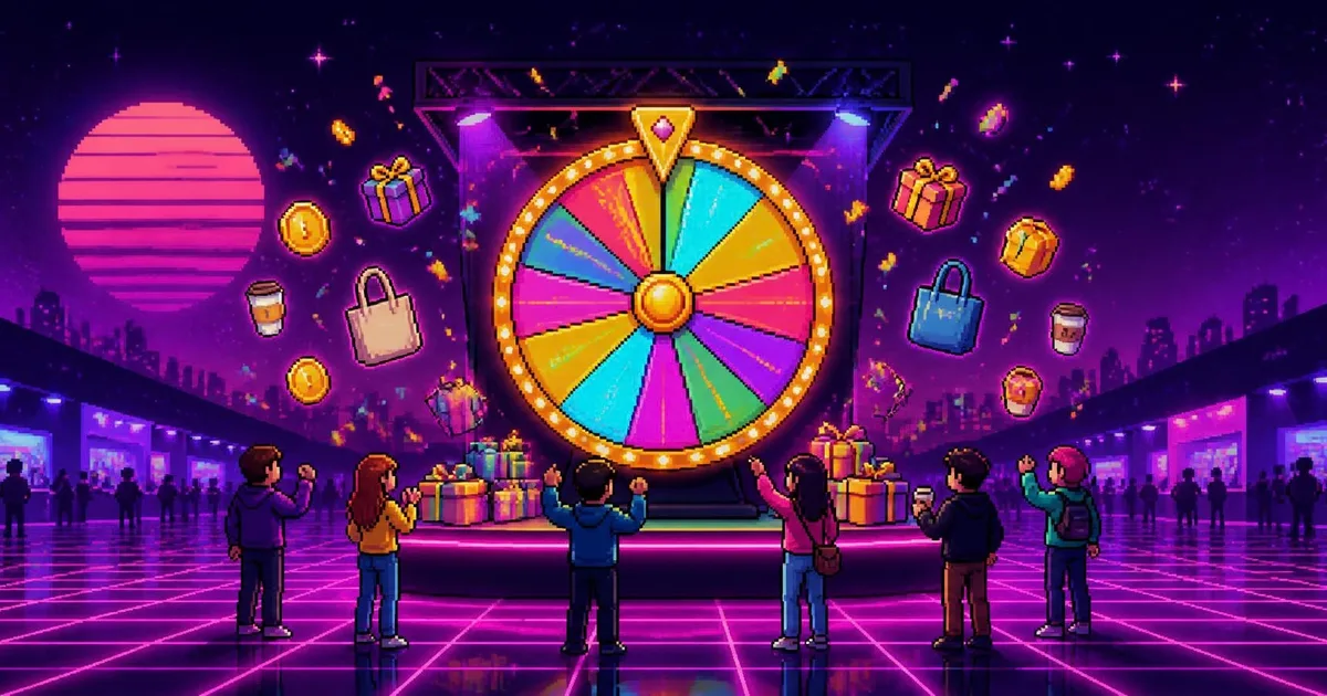 Spin the wheel for trade shows: a branded booth game guide A giant glowing pixel-art prize wheel on a trade show stage, with gift boxes, tote bags, coffee cups and coins floating around it and a crowd of visitors cheering under a synthwave sunset