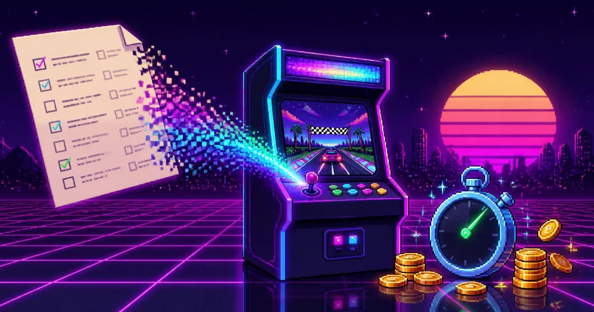 How to turn a quiz into an arcade game in 10 minutes A paper quiz dissolving into a stream of pixels that pours into a neon arcade cabinet running a racing game, beside a glowing stopwatch and stacks of gold coins