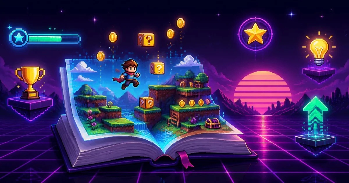 An open textbook whose pages turn into a glowing pixel-art game level, with a jumping hero, coins and question blocks, surrounded by an XP bar, trophy, star badge, lightbulb and level-up arrow under a synthwave sunset