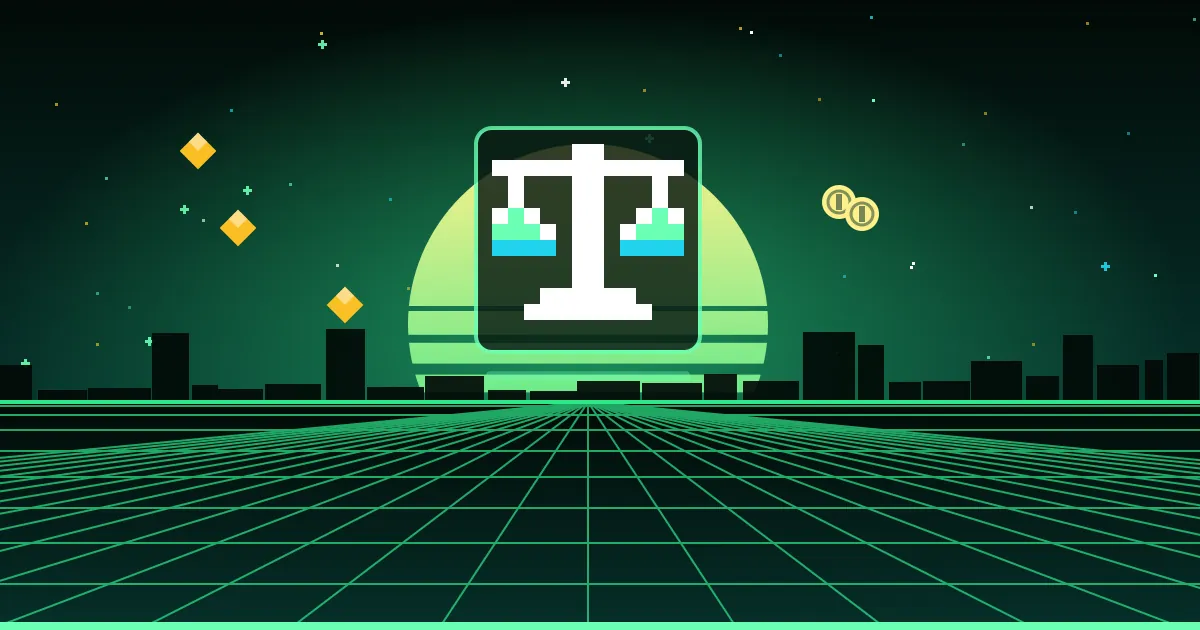 Best gamification tools for employee training: seven options by type Illustrated cover: a neon pixel-art pair of balance scales glowing above a retro arcade grid