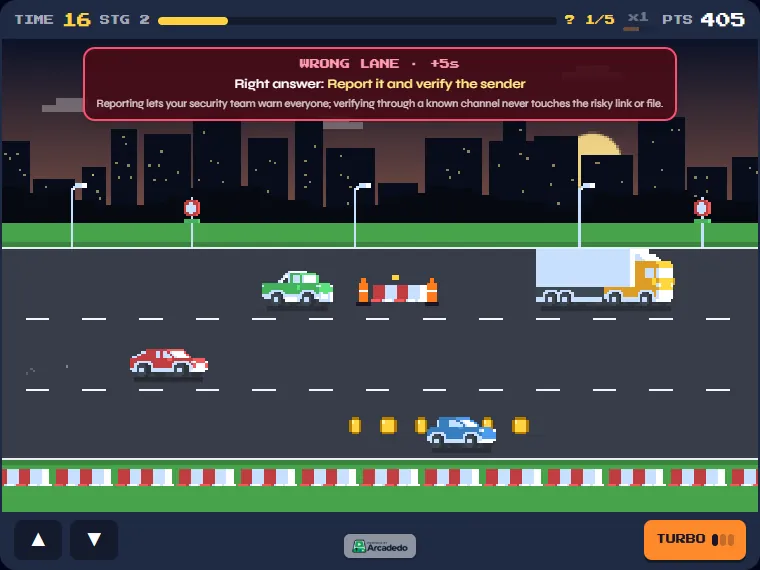 Checkpoint Rush showing "Wrong lane" with the right answer, Report it and verify the sender, and a one-line explanation