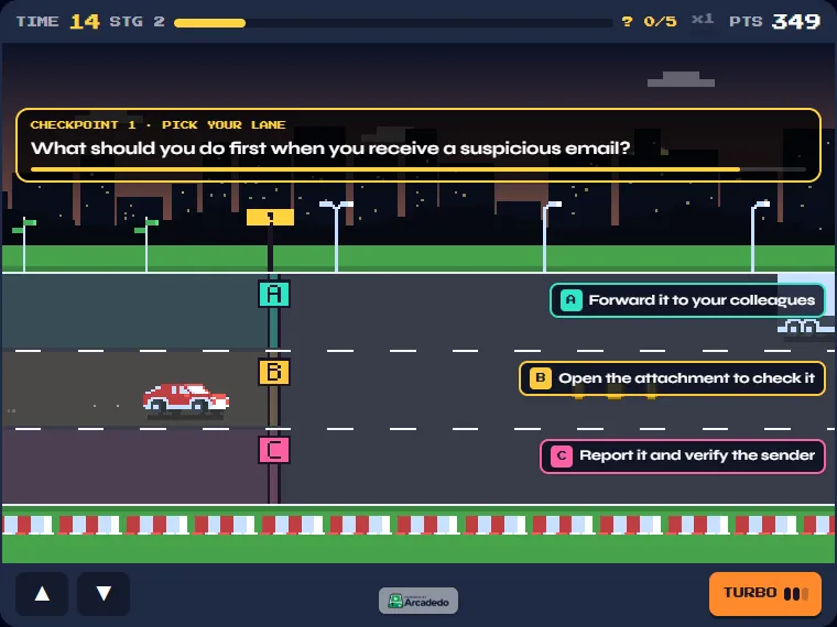 Quiz checkpoints: each lane shows one answer. A quiz checkpoint asking what to do first with a suspicious email, with answers A, B and C on three lanes