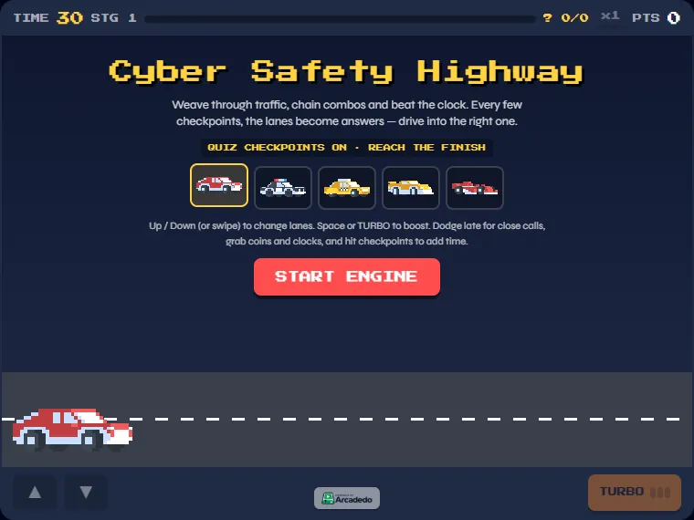 Pick a car and start the engine. Checkpoint Rush start screen titled Cyber Safety Highway with a choice of pixel cars and a Start Engine button