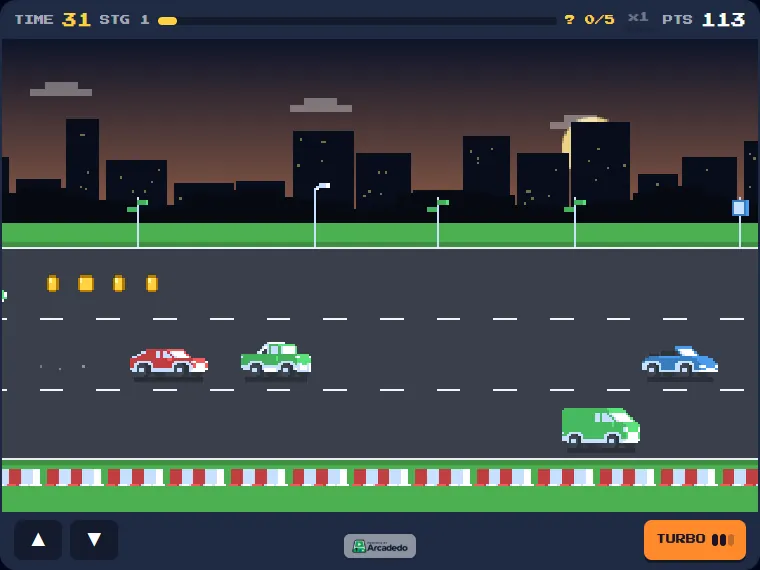 Weave through traffic, grab coins and hit checkpoints. Checkpoint Rush gameplay: a red car weaving through traffic on a night-time pixel highway
