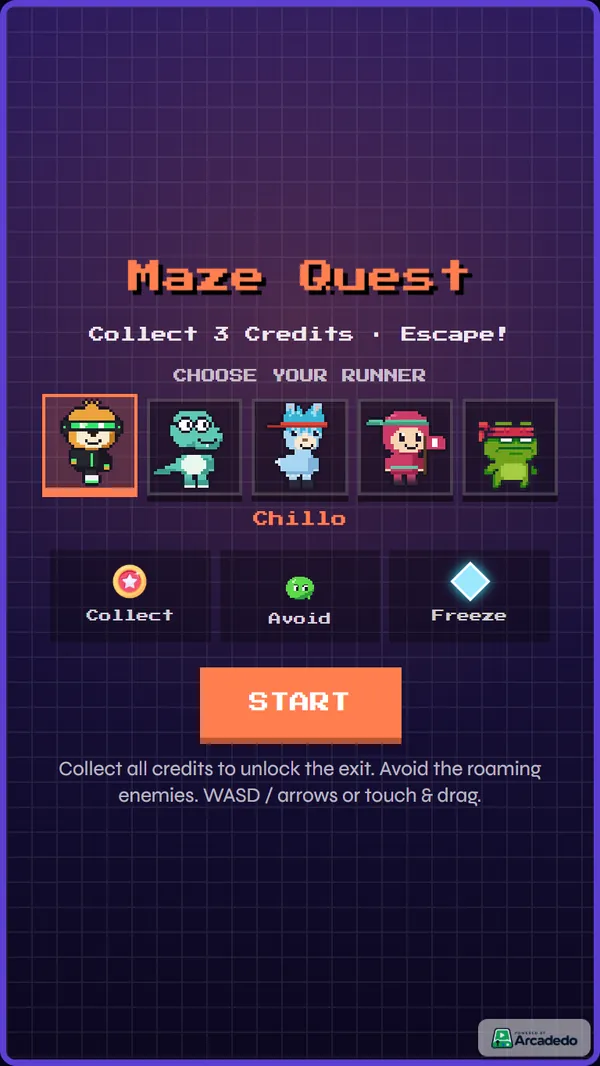 Players pick a runner, then collect each fact on the way to the exit. Mini Maze start screen titled Maze Quest with a choice of five pixel-art runners