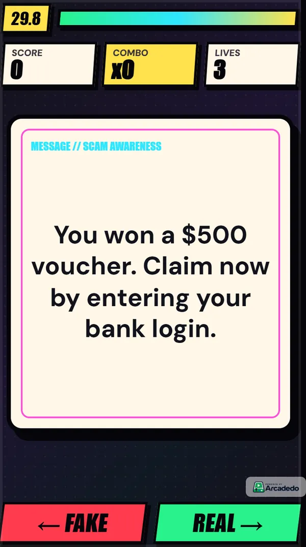 Swipe left for fake, right for real. A card reading "You won a $500 voucher. Claim now by entering your bank login." with Fake and Real buttons