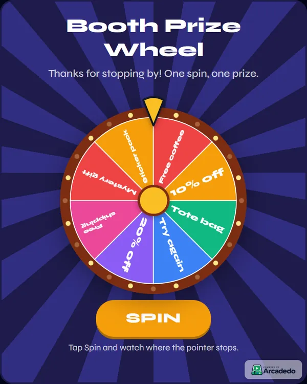 Spin the Wheel, styled for a welcome-day giveaway. A colourful prize wheel titled Booth Prize Wheel with a Spin button
