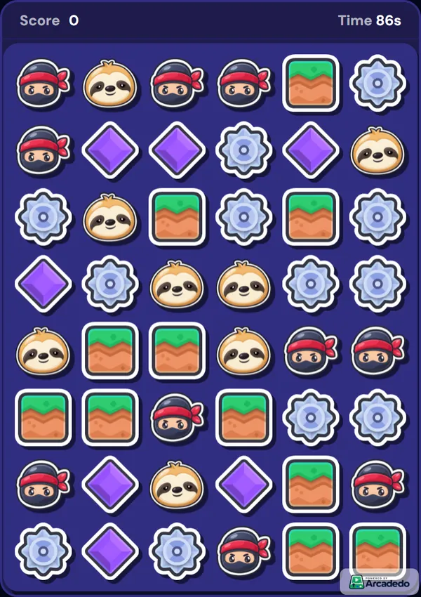 A Star Match board of colourful tiles: sloths, ninjas, gems and cogs