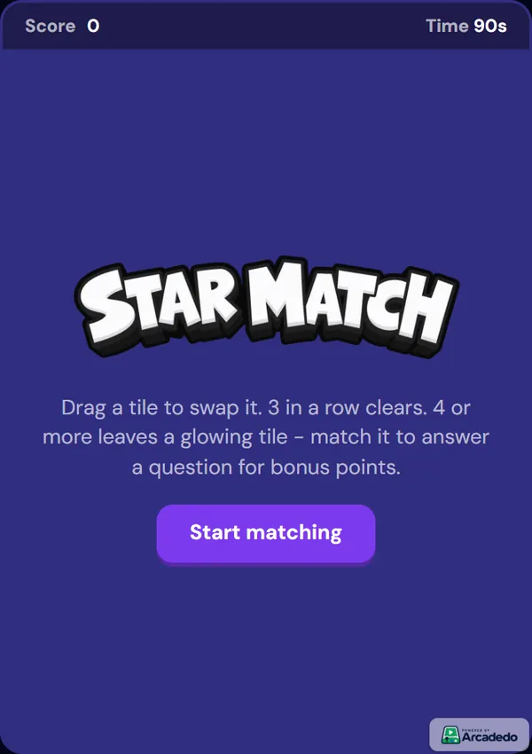 Star Match start screen with a Start matching button and short instructions
