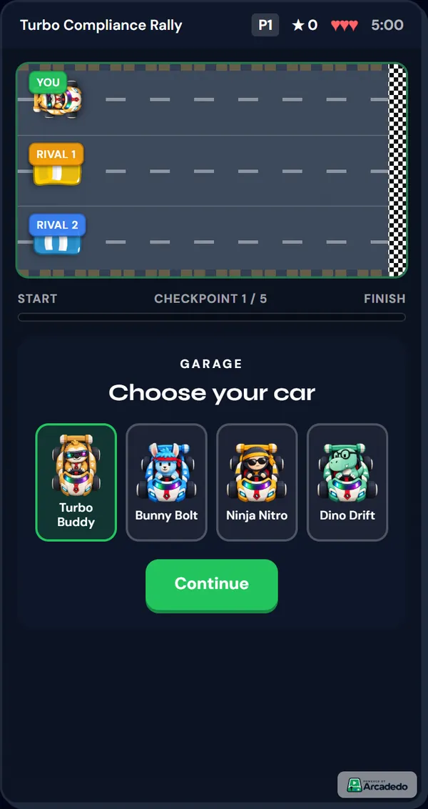 Turbo Quiz Racer: a three-lane race track above a garage where players choose one of four cars
