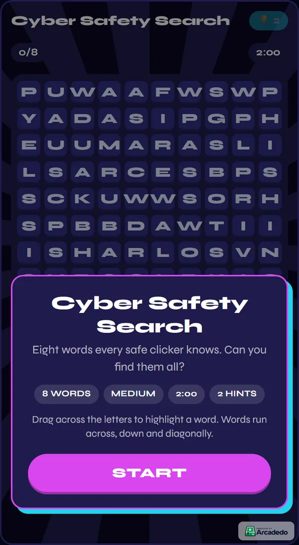 A Word Search built from security terms. A Word Search titled Cyber Safety Search with a letter grid and a list of words to find