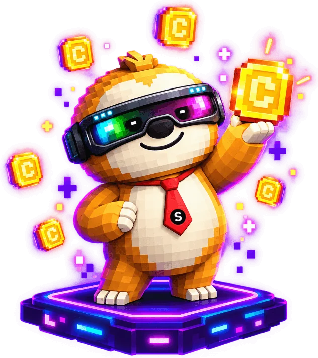 Chillo the sloth mascot on an arcade podium, holding up a gold credit coin