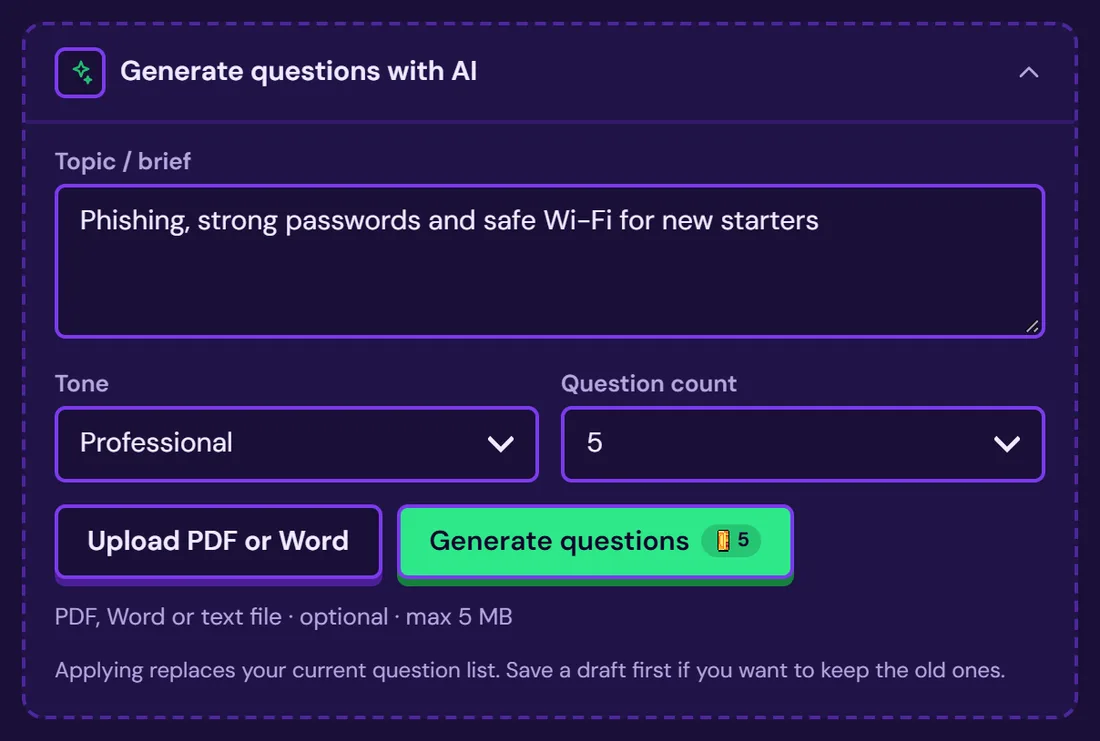 Generate questions with AI, with a topic, tone, count and upload button