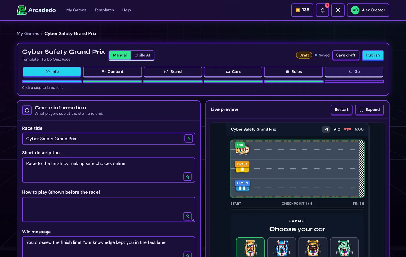 The editor: steps along the top, form on the left, live preview on the right