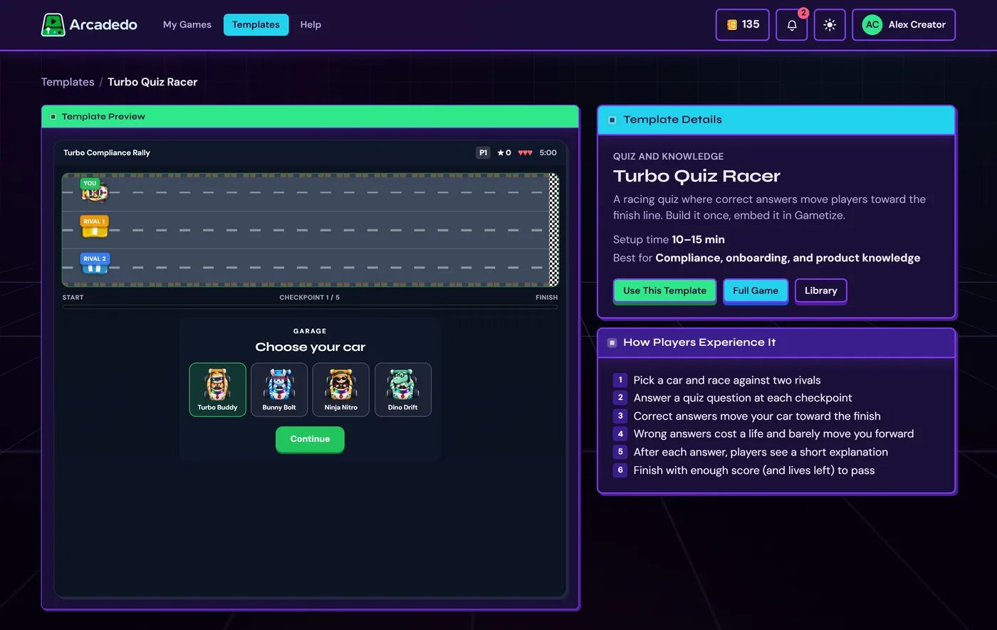 A template page with a playable preview and the Use This Template button