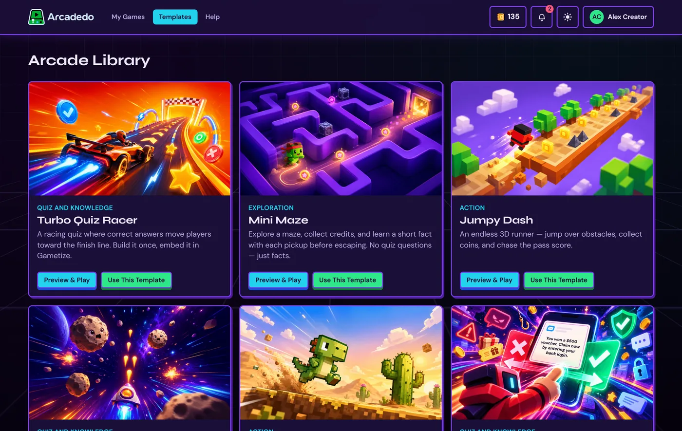 The Arcade Library with template cards