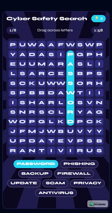 A Word Search on a phone, with one word found and crossed off