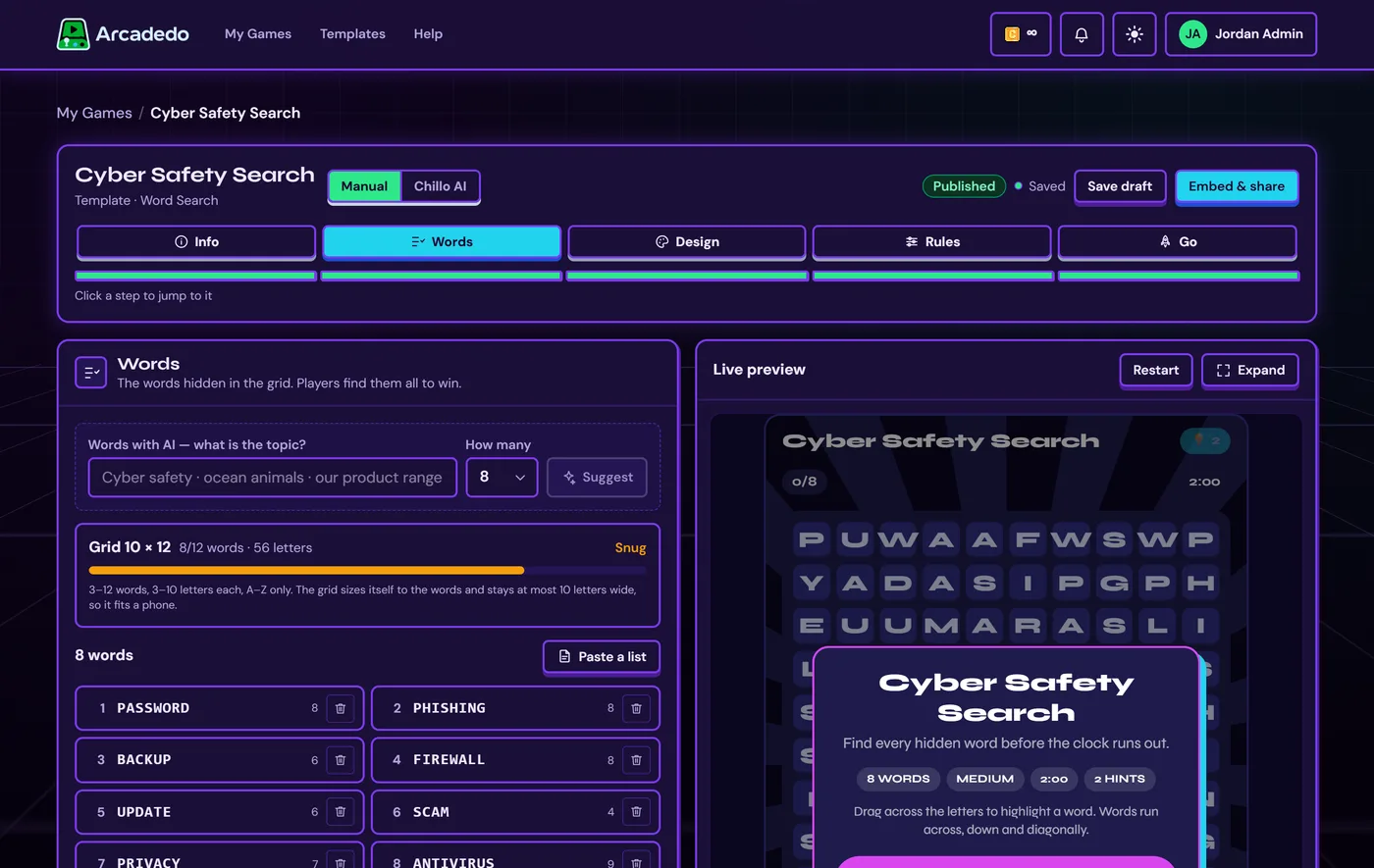 The Words step of a Word Search, with the grid-fit meter and the word list